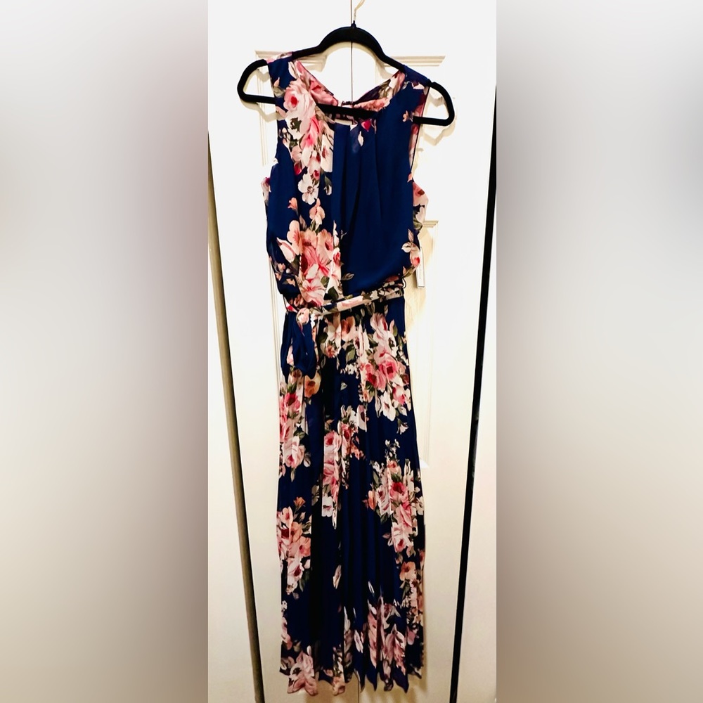 Navy Floral Pleated Maxi Dress